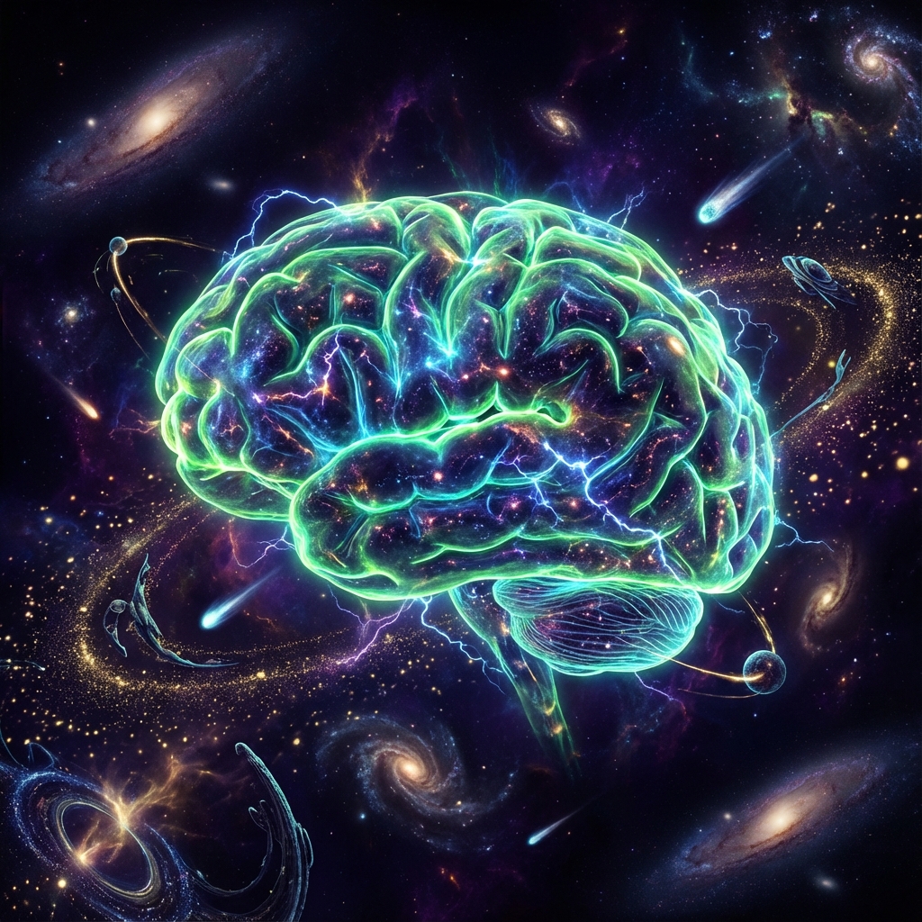 Světélkující mozek plující v kosmickém prostoru